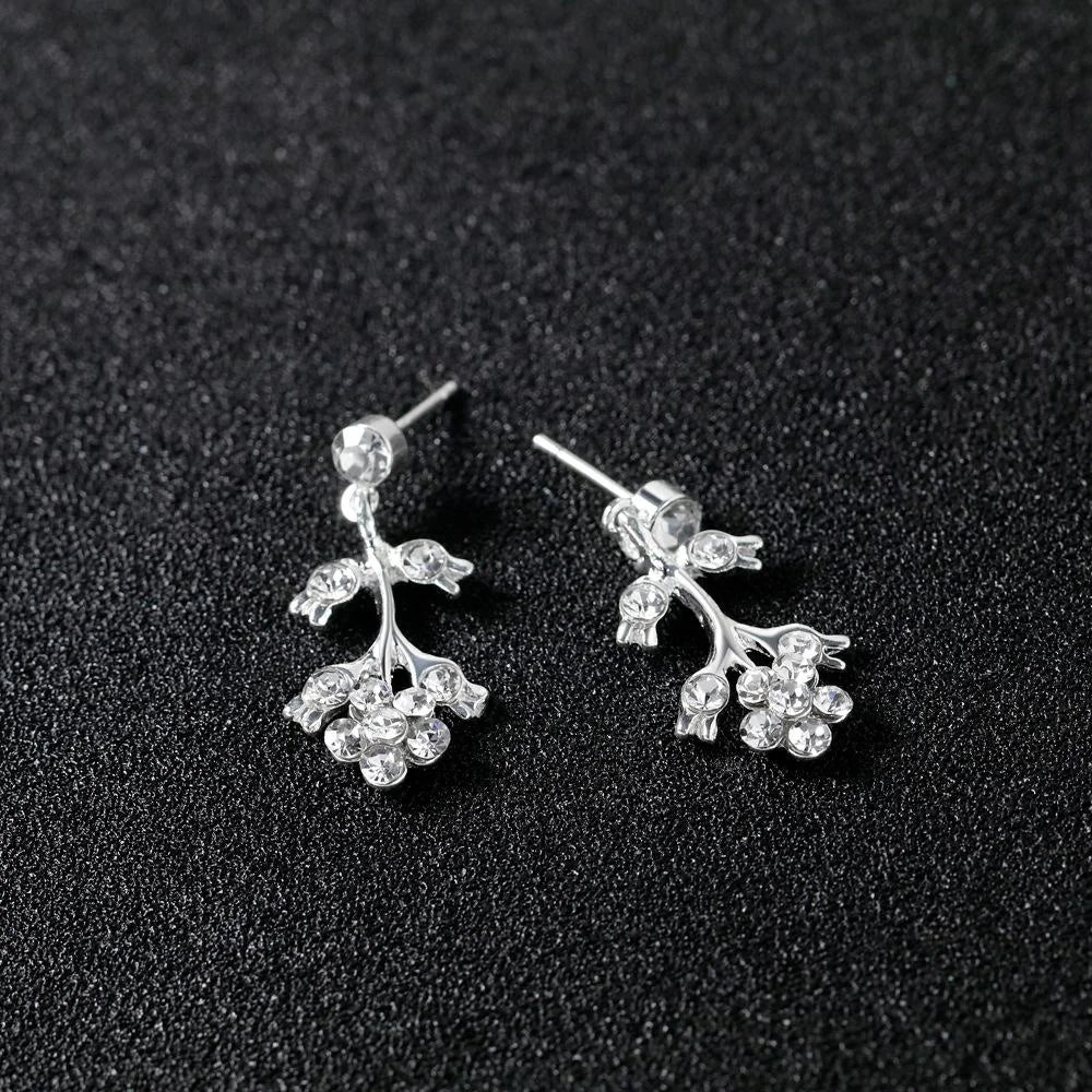 Elegant Silver Alloy Rhinestone Vine Flower Necklace And Earrings Jewelry Set For Bridal Wedding Party Gift