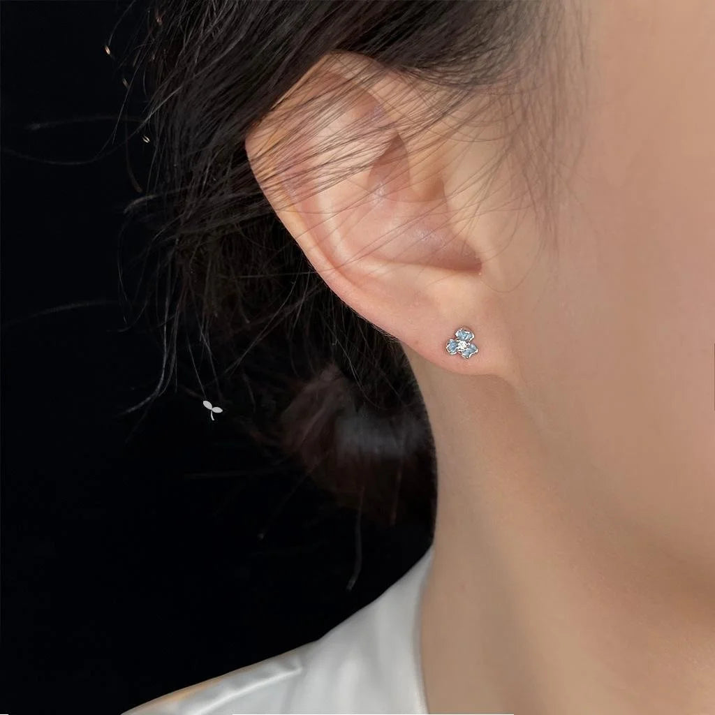 Petite Blue Iris Flower Stud Earrings Copper Zircon Enamel Chic Jewelry