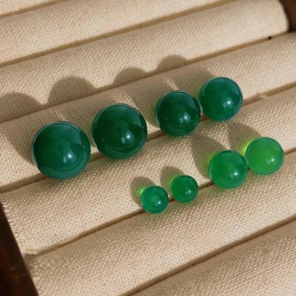 Natural Green Agate Round Ball Stud Earrings New Chinese Vintage Palace Style Jewelry
