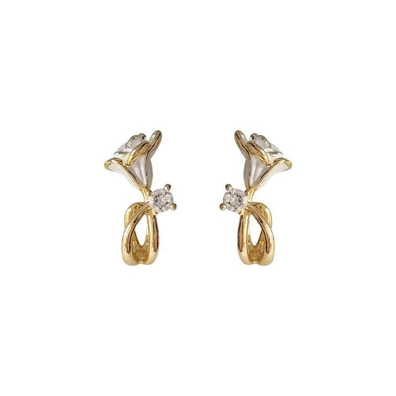 French Vintage Copper Micro Pave Zircon Morning Glory Flower Enamel Stud Earrings