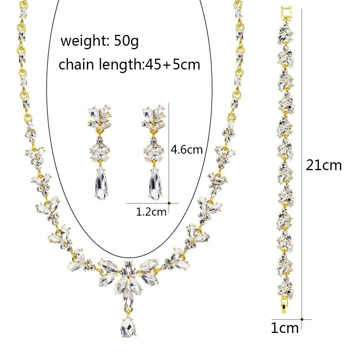 Luxury Bridal Marquise Glass Crystal Necklace Bracelet Earrings Jewelry Set For Wedding Party Banquet Gift