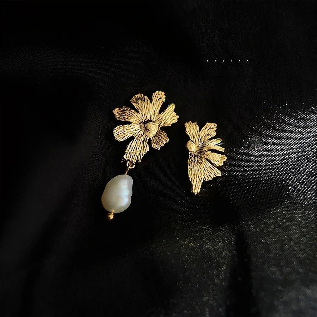 Vintage Baroque Freshwater Pearl Drop Earrings Copper Asymmetric Floral Geometric Jewelry