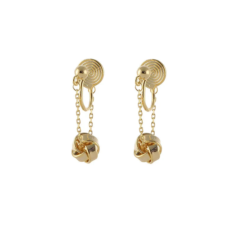 Elegant Gold Alloy Ball Chain Tassel Spiral Disc Stud & Clip On No Piercing French Drop Earrings