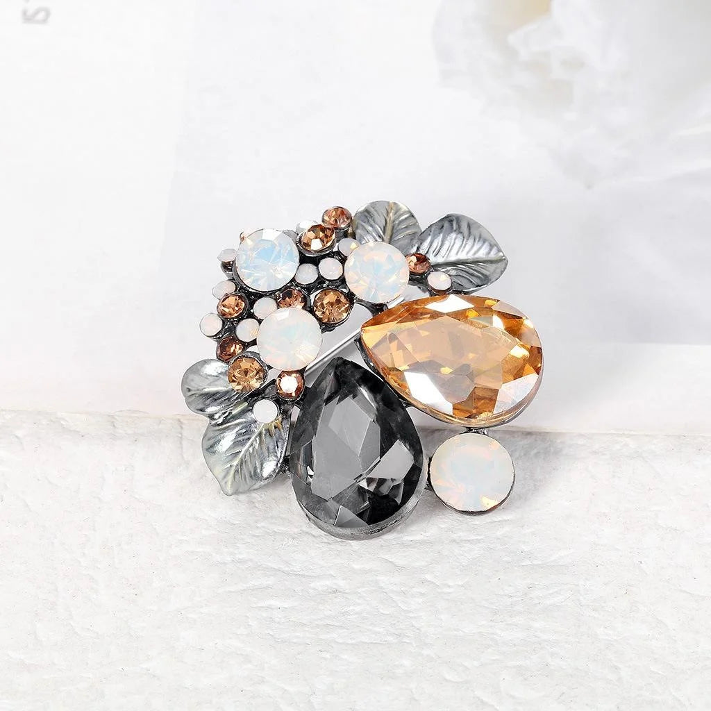 Elegant Floral Crystal Rhinestone Brooch With Alloy Leaves, Women's Lapel Pin Corsage Suit Accessory Gift
