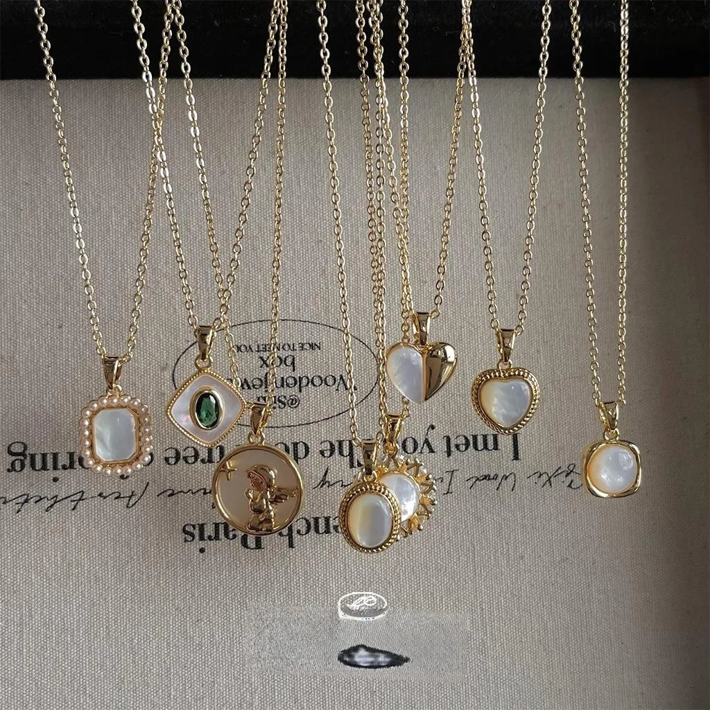 18K Gold Plated Copper Real Shell Heart Geometric French Luxury Clavicle Necklace