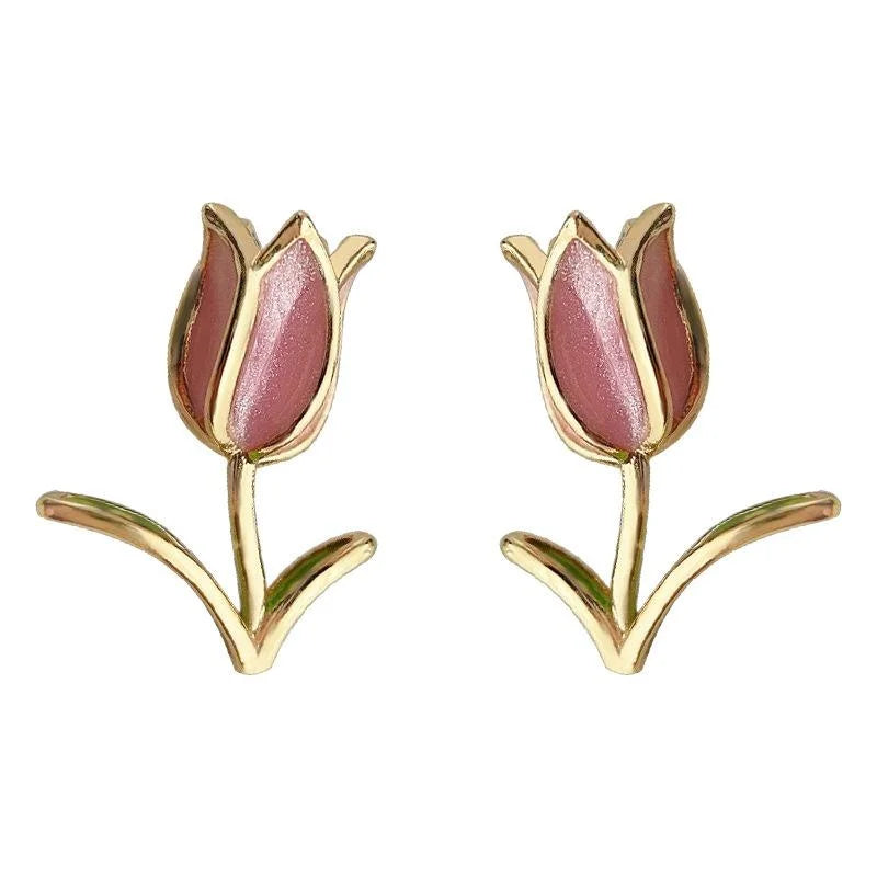 14K Gold Plated Copper Enamel Tulip Stud Earrings Sweet Floral Jewelry