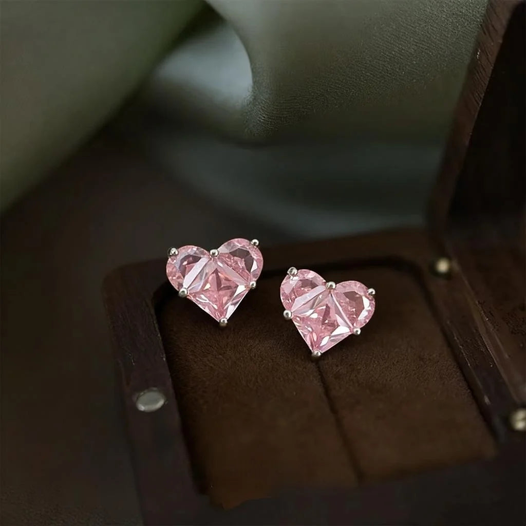 Minimalist Heart Geometric Pink Zircon Copper Stud Earrings For Women