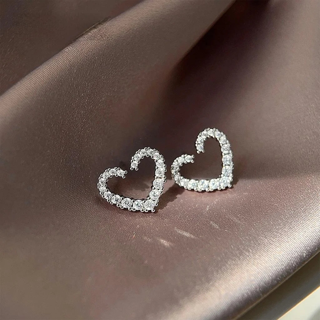 Elegant Copper Micro Pave Zircon Hollow Heart Stud Earrings Minimalist Line Design