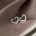 Elegant Copper Micro Pave Zircon Hollow Heart Stud Earrings Minimalist Line Design
