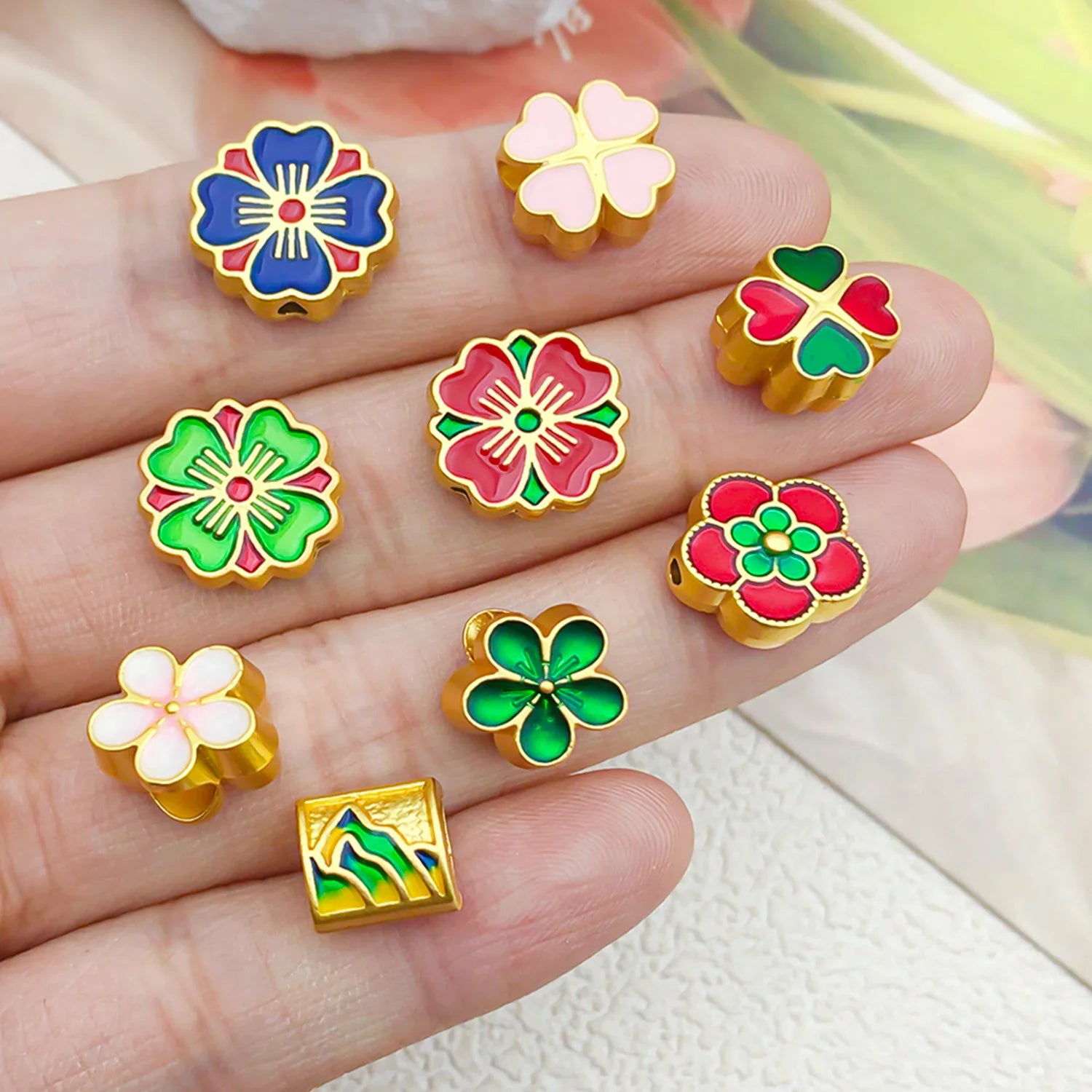 Zinc Alloy Enamel Fu Character Sakura Flower Large Hole Spacer Beads for DIY Jewelry