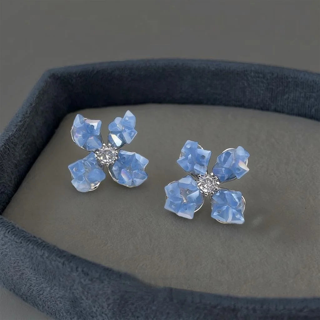 Handmade Glass Crystal Haze Blue Flower Drop Earrings French Sweet Forest Style Jewelry