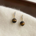 Natural Tiger Eye Zircon Geometric Round Drop Earrings Vintage Maillard Style for Women