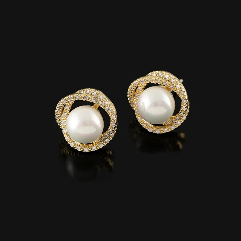 Luxury Gold Alloy Spiral Hoop Faux Pearl Zircon Stud & Clip On No Piercing French Vintage Earrings