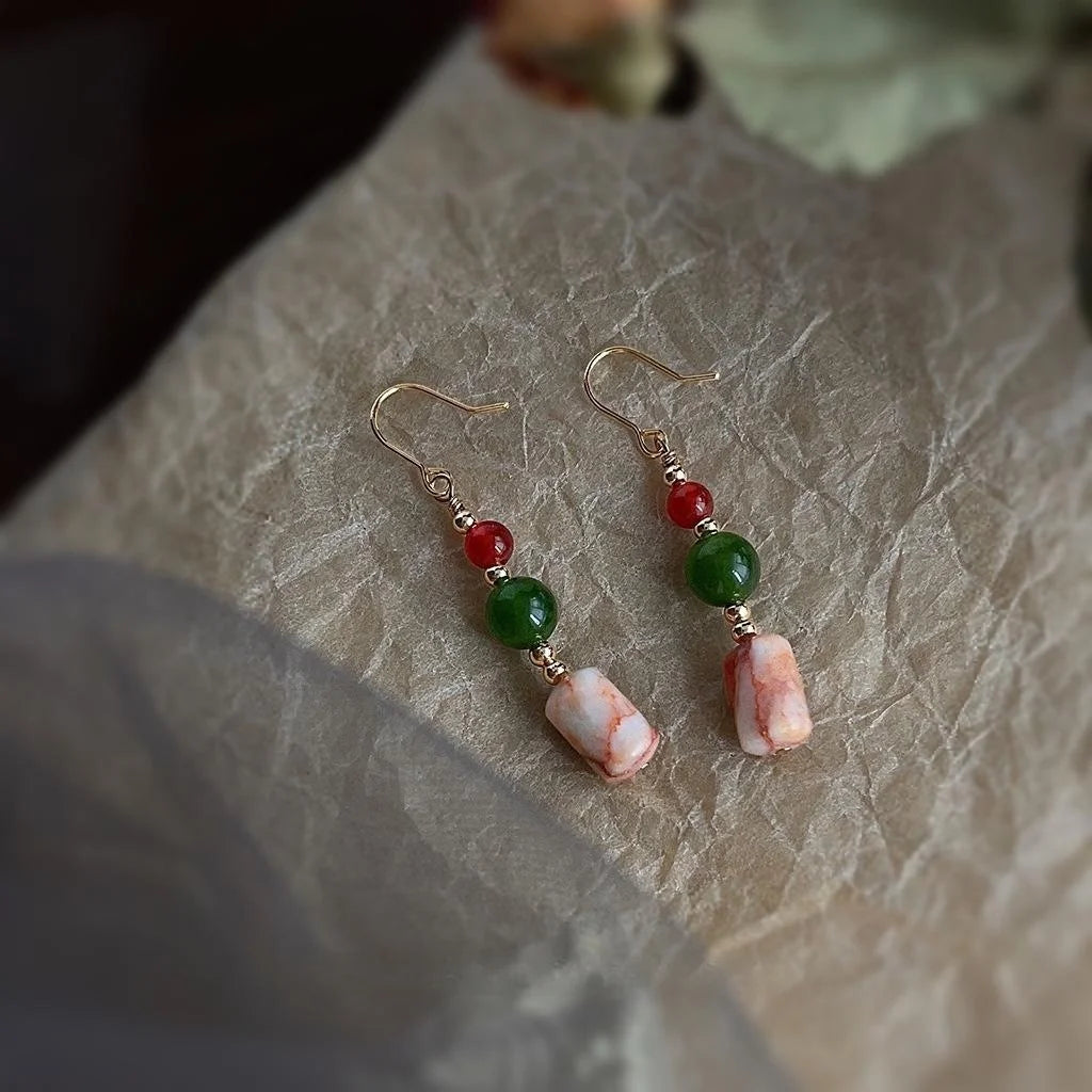 Handmade New Chinese Style Red Green Agate Natural Stone Geometric Tassel Drop Earrings for Women