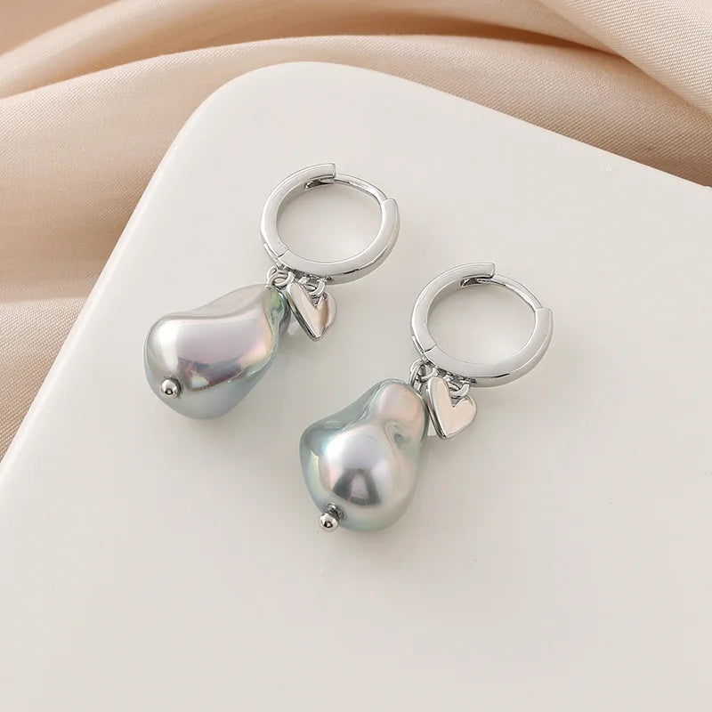 Elegant Grey Faux Baroque Pearl Heart Dangle Stud & Clip On No Piercing Alloy Hoop Earrings