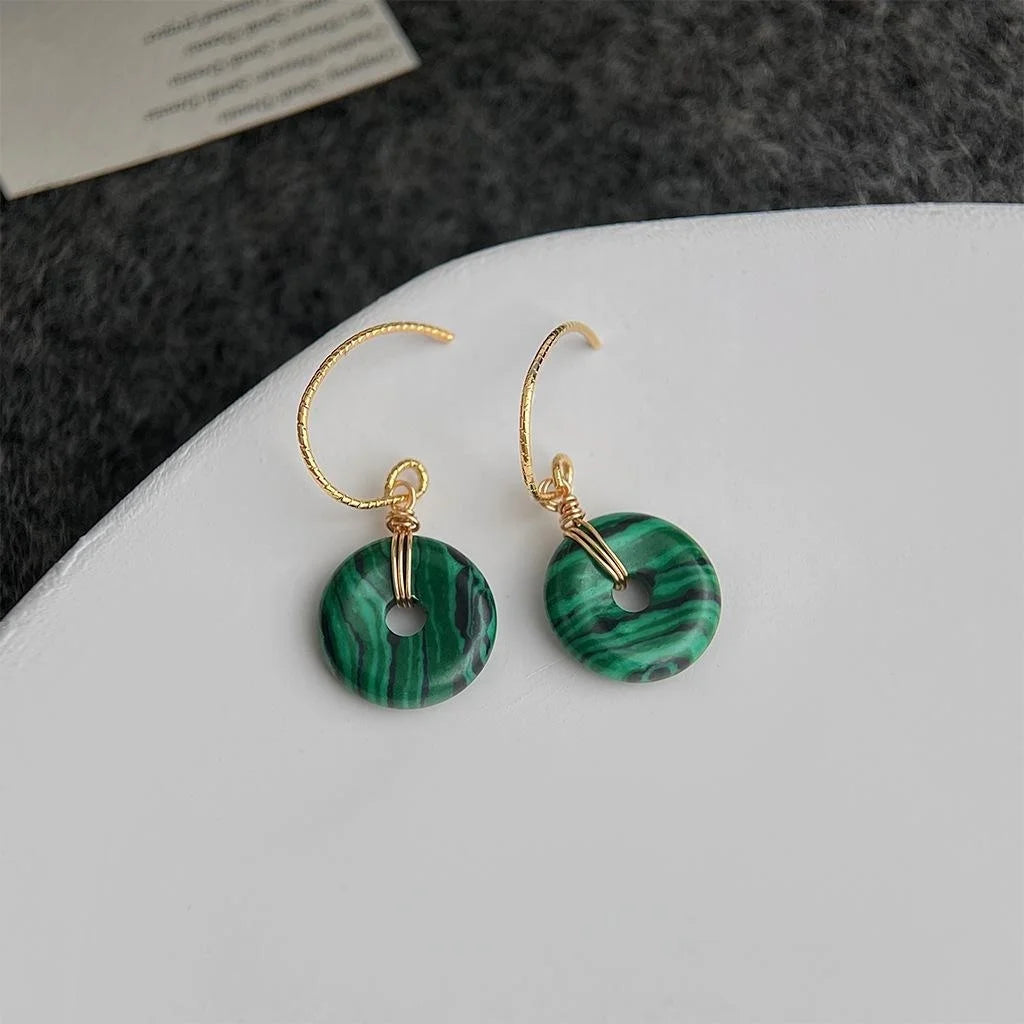 Vintage Ethnic Geometric Peace Buckle Synthetic Malachite Copper Drop Earrings