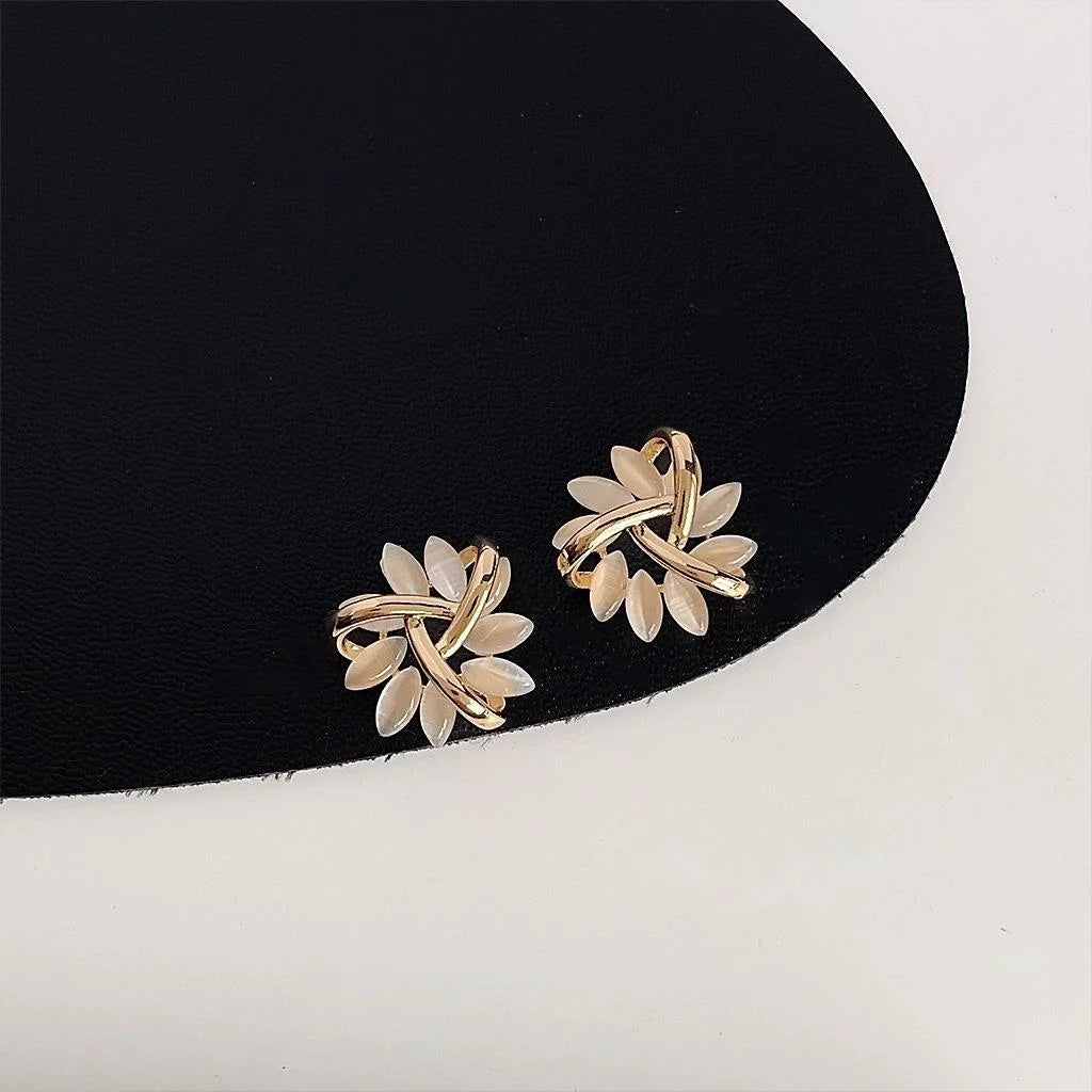 Elegant 14K Plated Copper Glass Cat Eye Stone Flower Petal Stud Earrings For Women