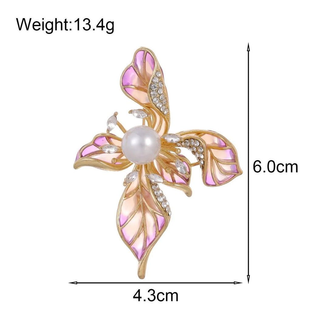Luxury Vintage Iris Flower Brooch With Pearl Rhinestone Pink Enamel Petals, Elegant Lapel Pin Gift