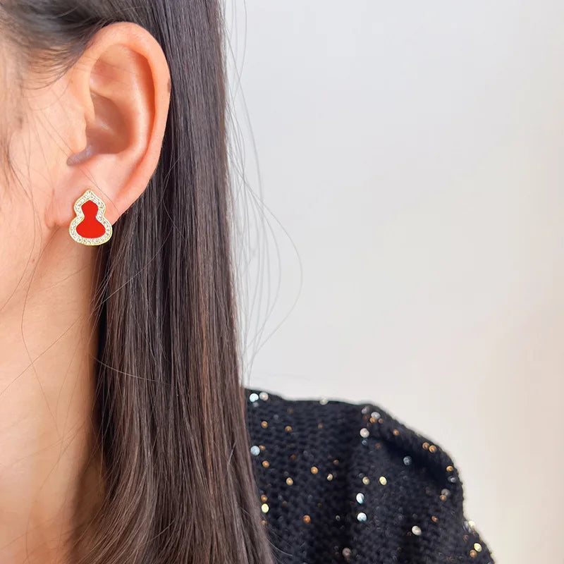 Elegant Red Enamel Gourd Shape Rhinestone Alloy Stud & Clip On No Piercing Light Luxury Earrings