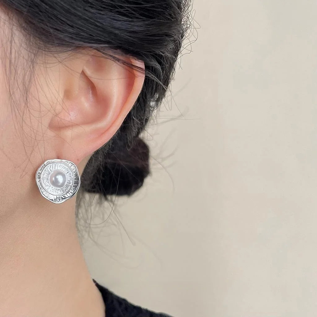 Designer Copper High Luster Pearl Double Layer Lotus Ruffle Round Drop Earrings Textured Minimalist Style