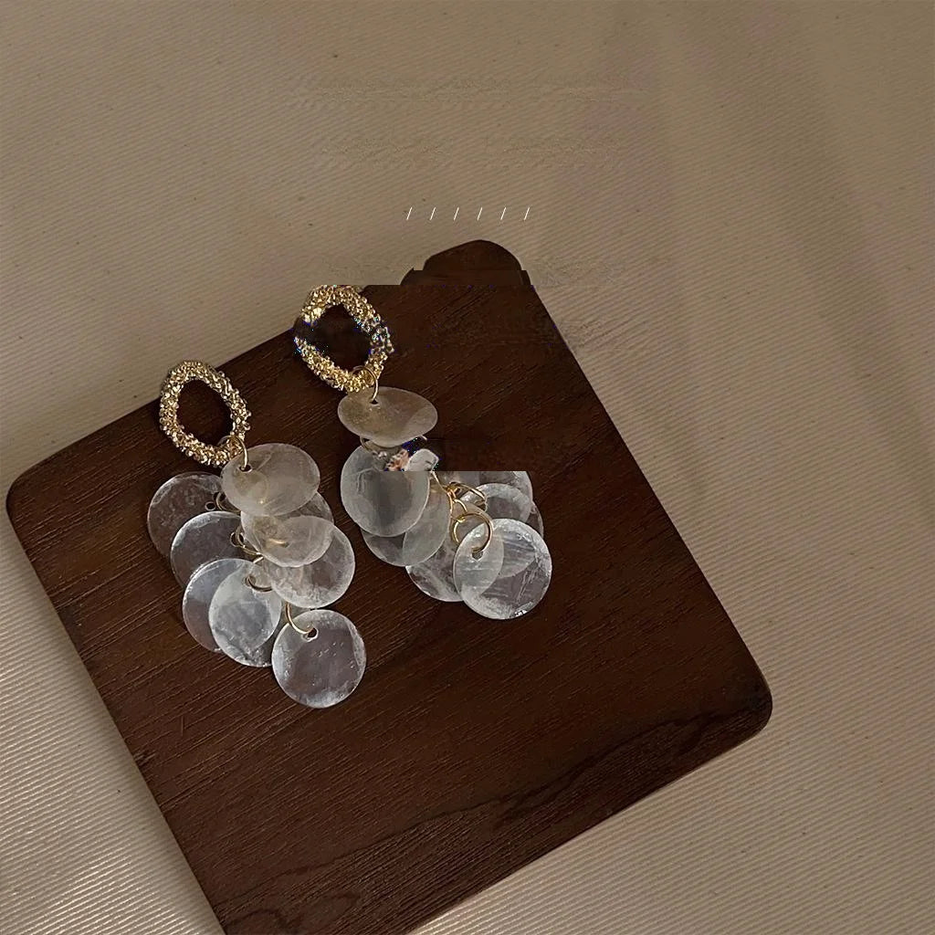 14K Gold Plated Geometric Shell Tassel Stud Earrings Handmade Light Luxury Jewelry