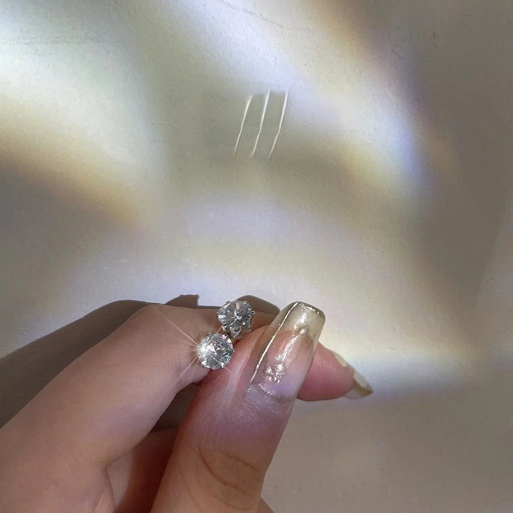 Silver Plated Copper Zircon Stud Earrings, Tiny Round Geometric Cartilage Earrings For Women