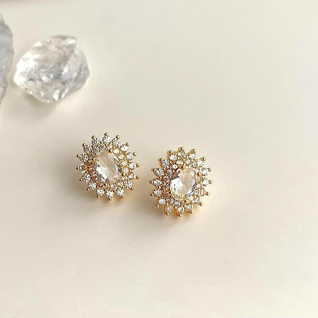 Light Luxury Copper Zircon Oval Geometric Sun Stud Earrings For Women
