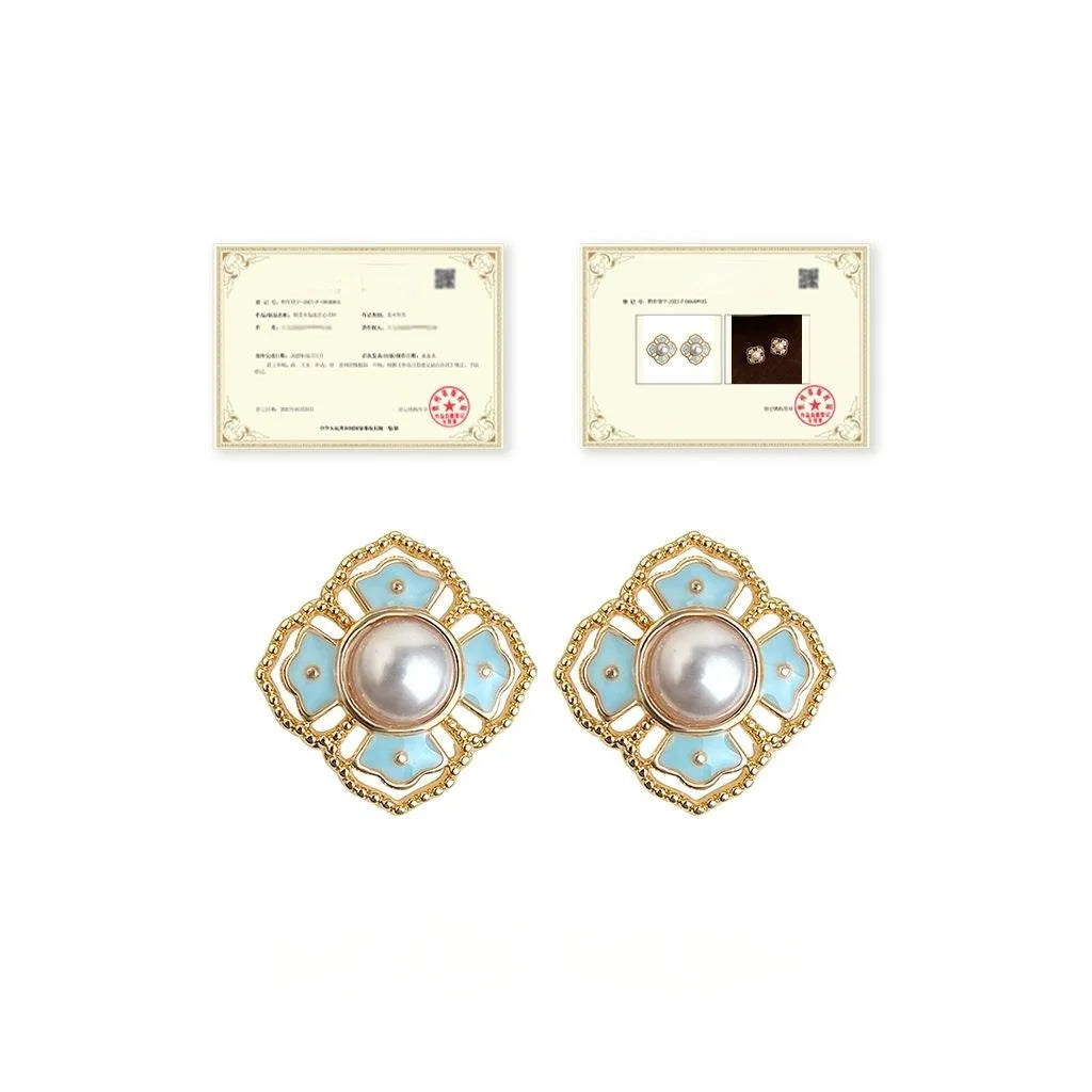 Ethnic Floral Enamel Drip Glaze Copper Pearl Stud Earrings Vintage Palace Style