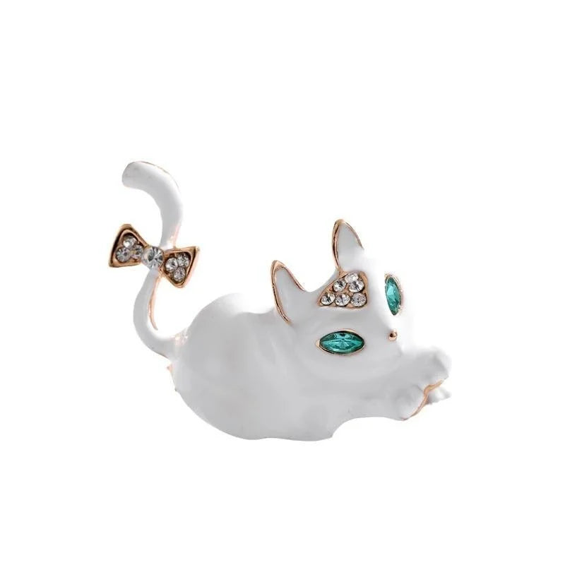 Cute Black Enamel Cat Brooch With Rhinestone Bow And Green Crystal Eyes, Vintage Lapel Pin Gift