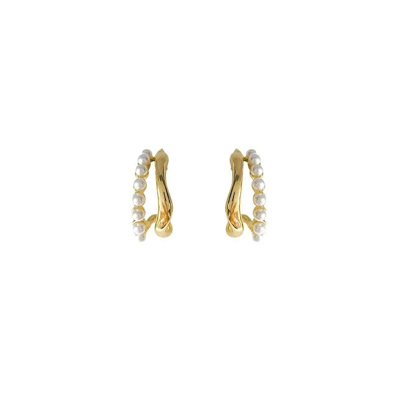 14K Gold Plated Geometric Round Pearl Stud Earrings, Elegant Style