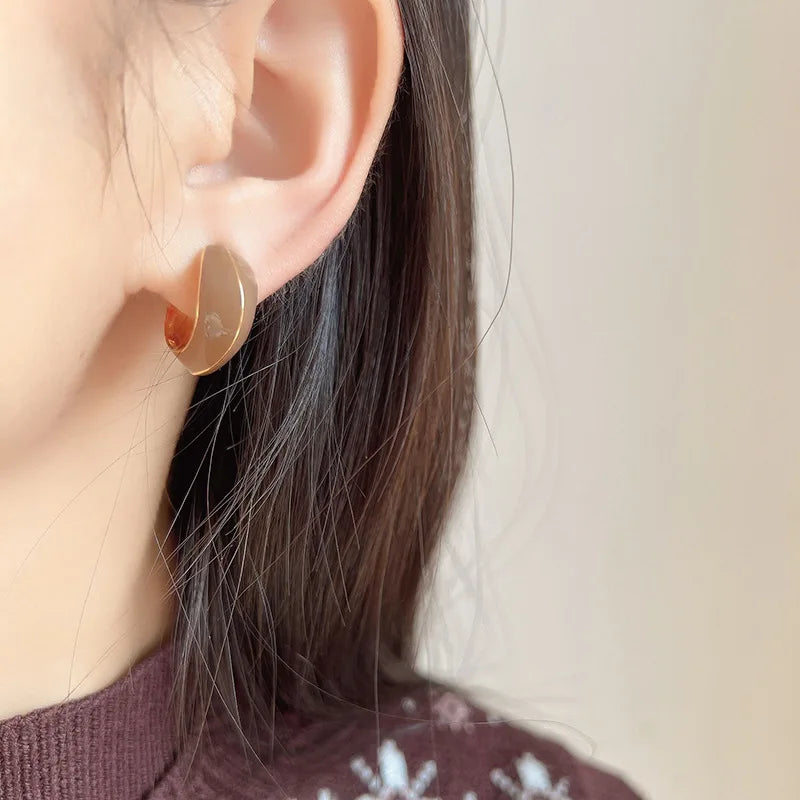 Elegant Vintage Brown Enamel Geometric Spiral Disc Alloy Wide Hoop Stud & Clip On No Piercing Earrings
