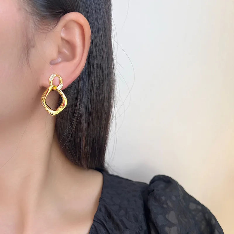 Elegant Gold Alloy Zircon Geometric Double Linked Hoop Drop Stud & Clip On No Piercing Earrings