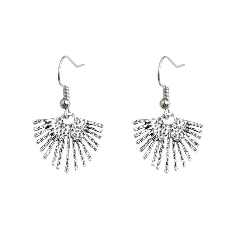 Vintage Antique Silver Eco-Friendly Copper Hollow Leaf Fan Drop Earrings for Women