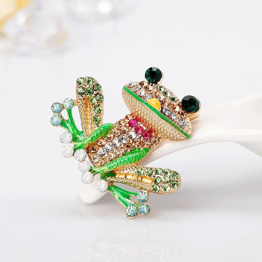 Cute Enamel Frog Brooch With Rhinestone Crystals, Alloy Animal Lapel Pin Corsage For Women Suit Gift