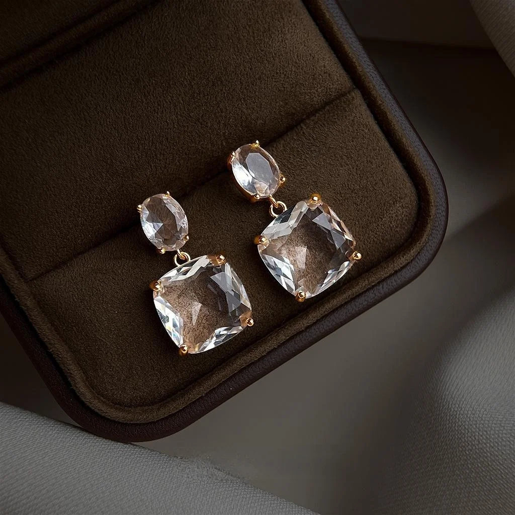 Light Luxury Cubic Zirconia Sugar Cube Geometric Drop Earrings French Banquet Minimalist Jewelry