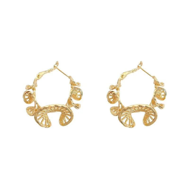Premium Copper Lace Floral Geometric Twisted Hoop Earrings Heavy Texture Fashion Jewelry