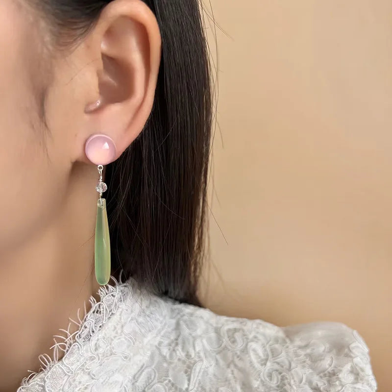 Elegant New Chinese Long Green Agate Teardrop Pink Chalcedony Alloy Stud & Clip On No Piercing Earrings
