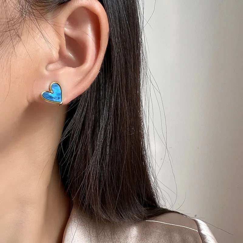 Blue Enamel Heart Alloy Stud & Clip On No Piercing Elegant Gold Tone Love Heart Earrings