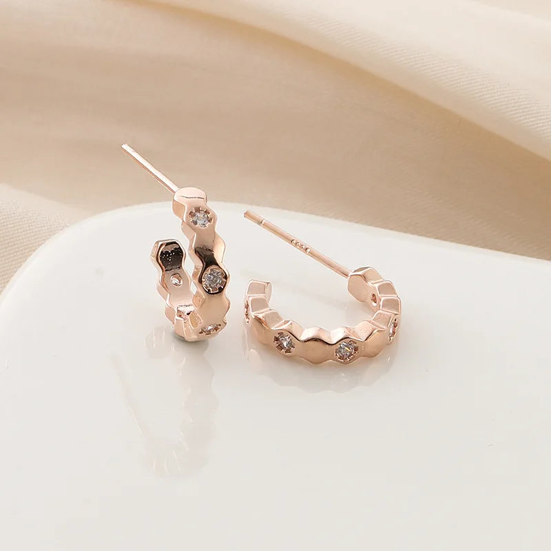 Elegant Rose Gold Honeycomb Spiral C Hoop Alloy Rhinestone Stud & Clip On No Piercing Earrings