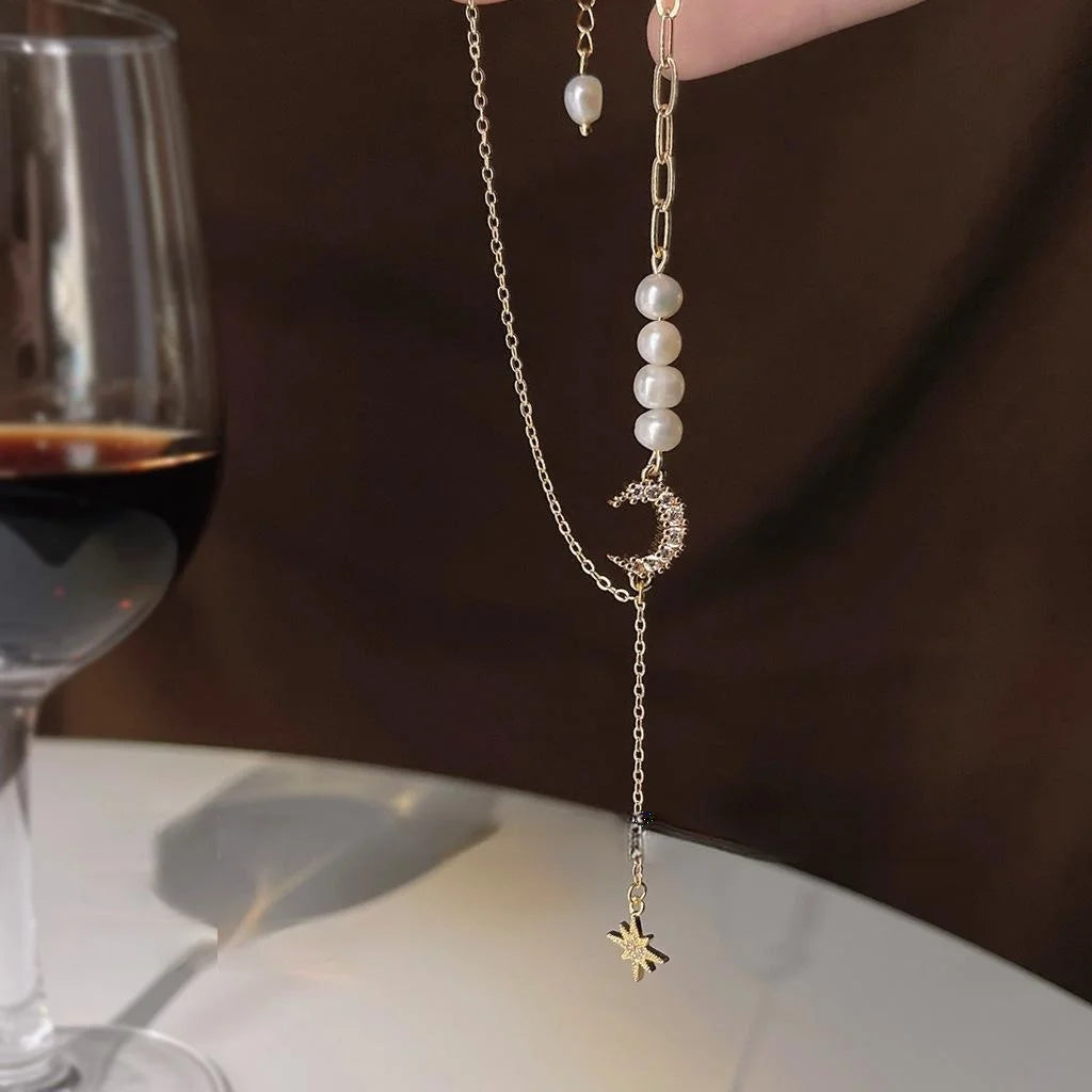 French Luxe 14K Plated Copper Zircon Micro Pave Star Freshwater Pearl Choker Necklace