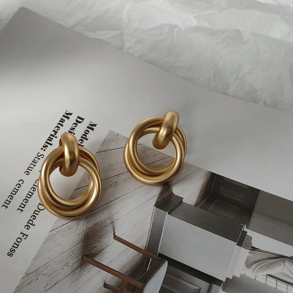 Matte Metal Geometric Rope Knot Drop Earrings, Korean Minimalist Round Jewelry
