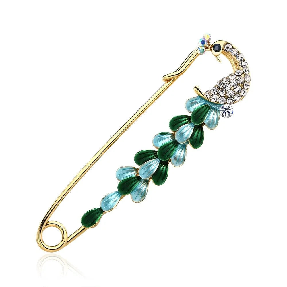 Elegant Peacock Flower Alloy Rhinestone Safety Brooch Pin For Women's Scarf Shawl Lapel Corsage Gift