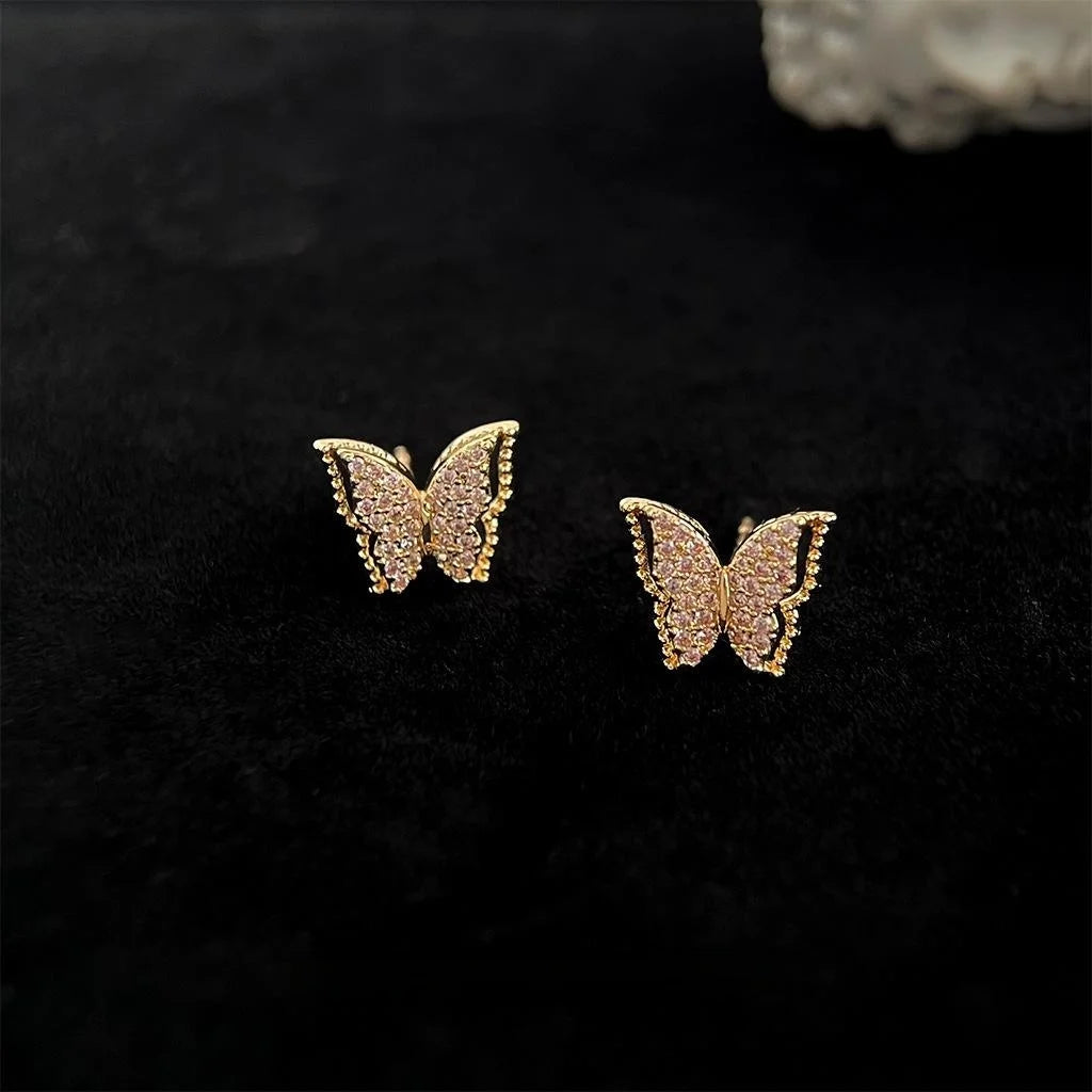 Copper Micro Pave Zircon 3D Butterfly Stud Earrings French Vintage Hollow Out Mini Sweet Jewelry
