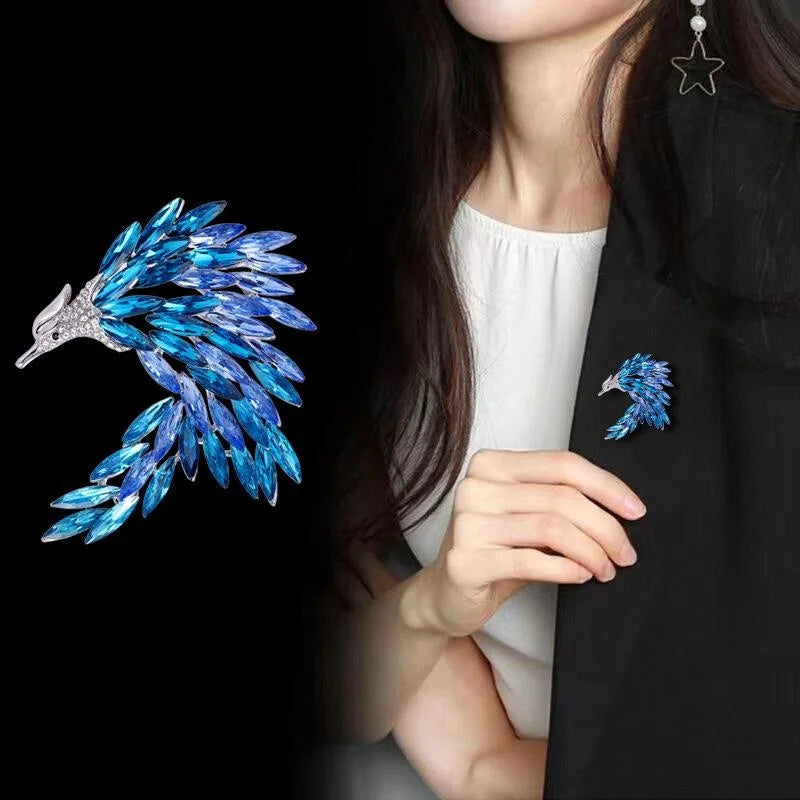 Luxury Blue Crystal Phoenix Rhinestone Brooch Elegant Firebird Lapel Pin Corsage Suit Accessory Gift