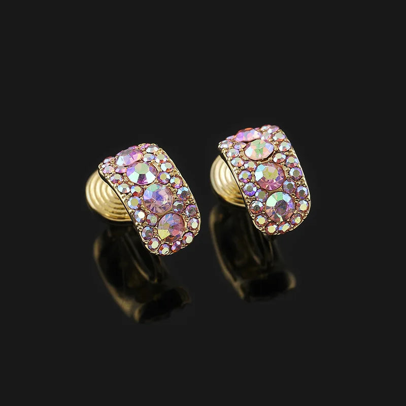 Luxury Iridescent Rhinestone Rectangular Hoop Stud & Clip On No Piercing Spiral Alloy Earrings