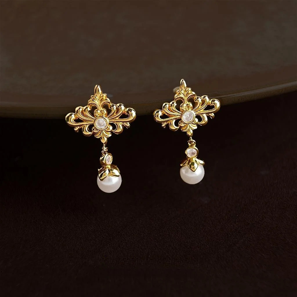 Original Design Iris Flower Pearl Copper Drop Earrings Geometric Luxury Style Women's Jewelry