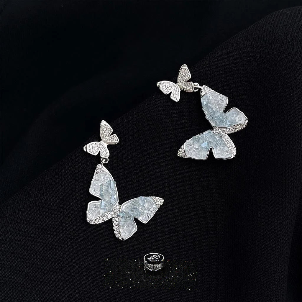 Glacier Blue Micro Pave Zircon Glass Crystal Butterfly Drop Earrings Sweet Copper Summer Jewelry