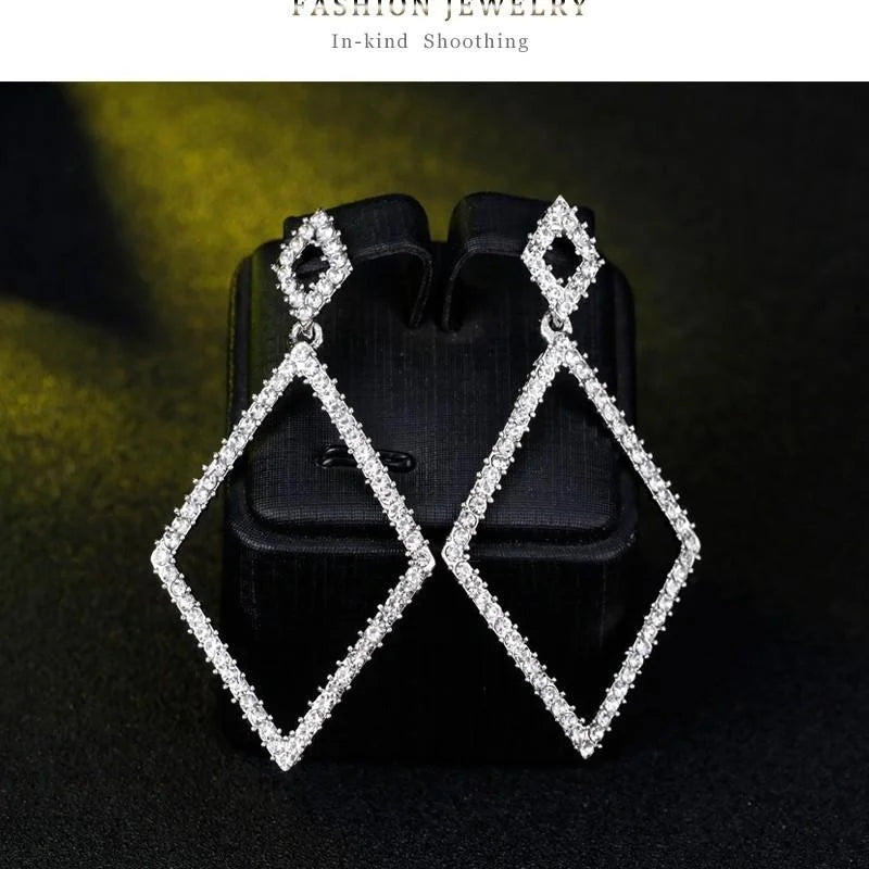 Luxury Geometric Rhinestone Diamond Shape Dangle Earrings For Women, Elegant Alloy Party Wedding Jewelry