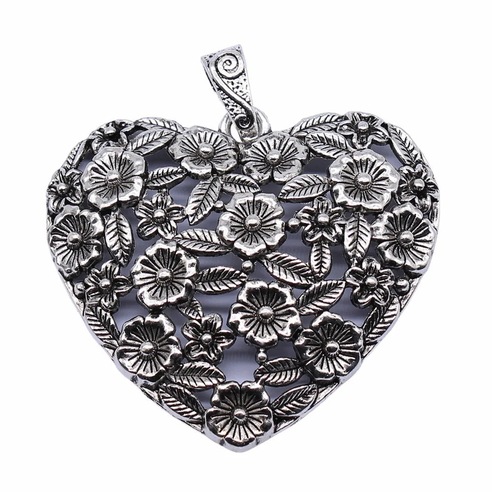 67x58mm 29.5g Antique Silver Zinc Alloy Hollow Flower Heart Charm Pendant for DIY Jewelry Making