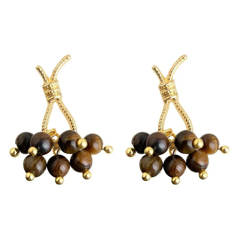 Maillard Vintage Copper Tiger Eye Rope Knot Tassel Grape Cluster Drop Earrings